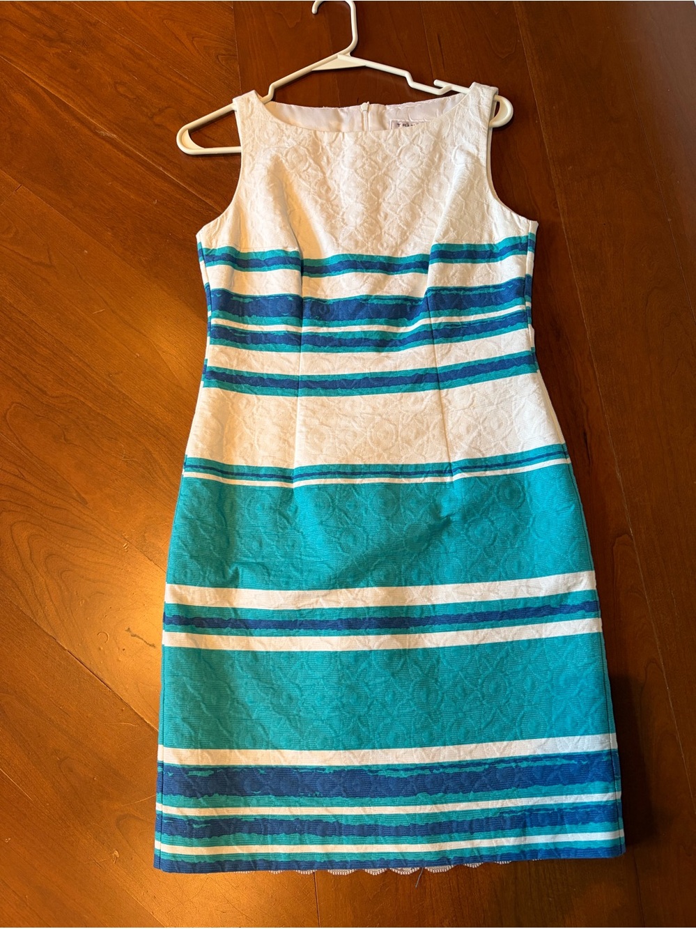 Trina Turk White and Teal Striped Sleeveless Sheath Dress 0